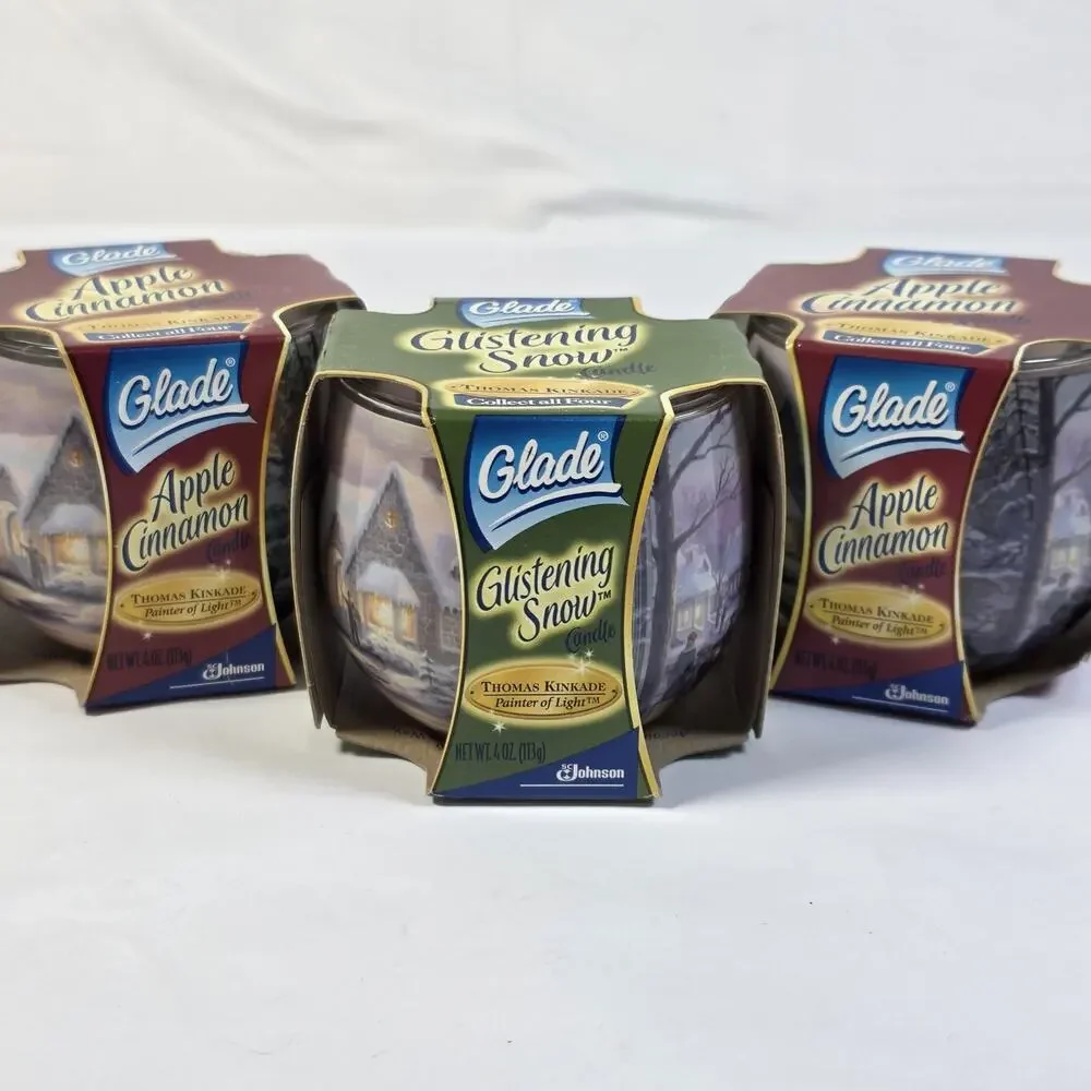 Vintage 2004 Glade Thomas Kinkade Candle Lot of 3 Apple Cinnamon Glistening Snow